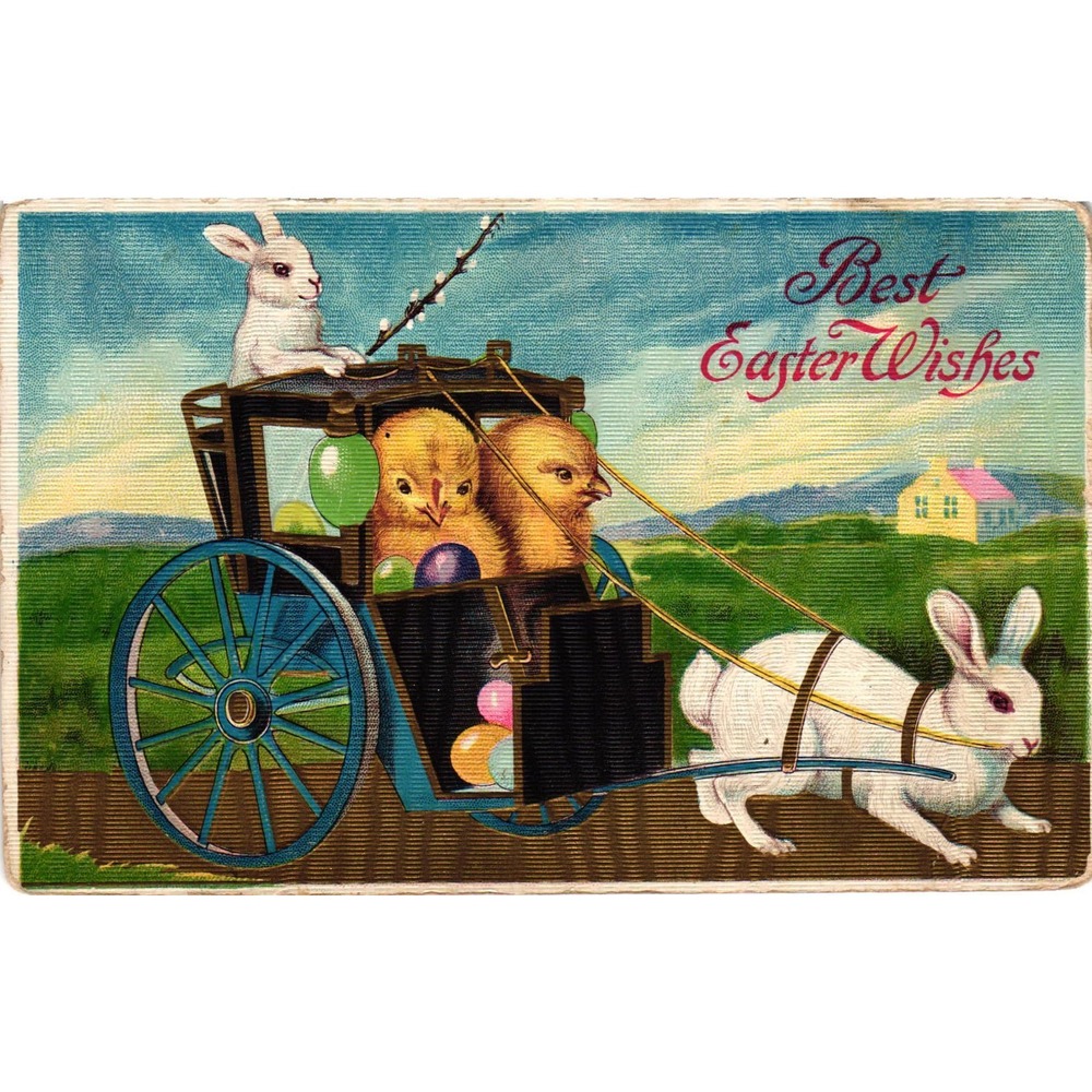 Vintage Best Easter Wishes Postcard 1912 Embossed Bunny Carriage Chicks